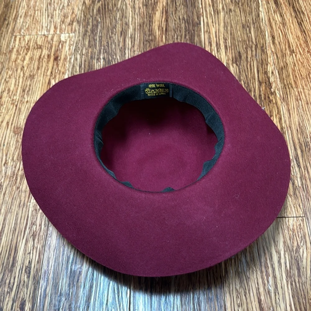 Burgundy wine maroon wool wide brim knotted sash floppy hat one size fits most